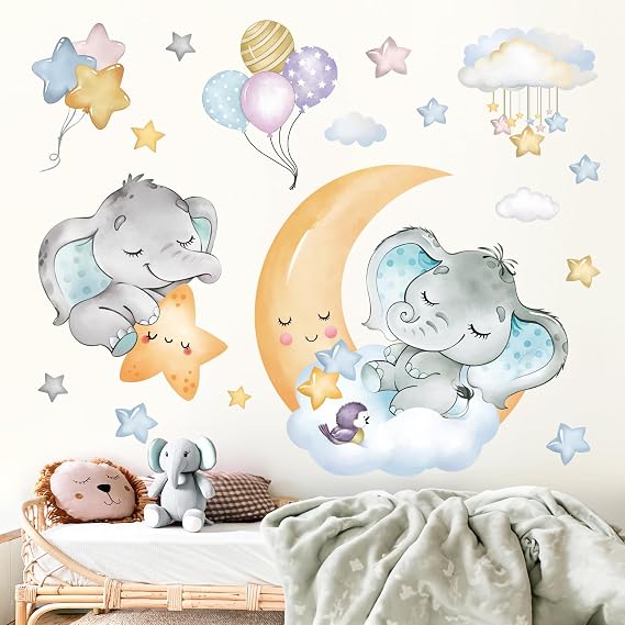 Sweet Moon Star Cartoon Sleeping Elephant Wall Stickers | Removable Cute Animals Wall Decals DIY for Baby Kids Bedroom Décor