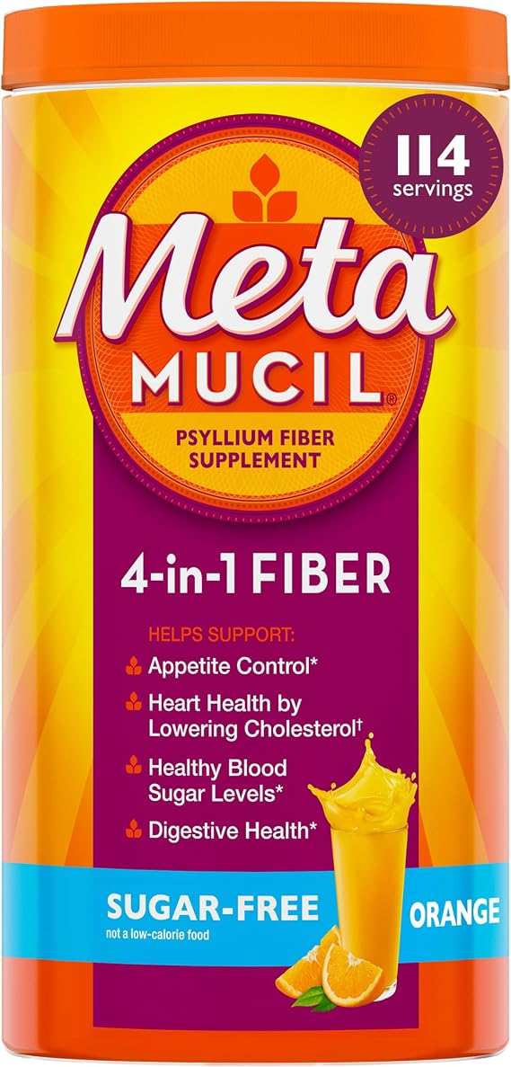 Metamucil 4-in-1 Psyllium Husk GLP-1 Friendly Fiber Supplement, Sugar-Free, 114 teaspoons, Orange Flavored, Daily Fiber Powder for Digestive Health, made with Plant-Based Psyllium Husk Fiber