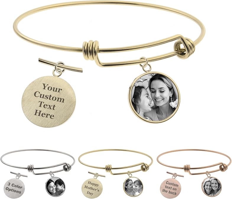 Personalized Photo Text Engrave Custom Message Picture Dangle Charm Adjustable Wire Bangle Bracelet Family Friend Inspirational Gift