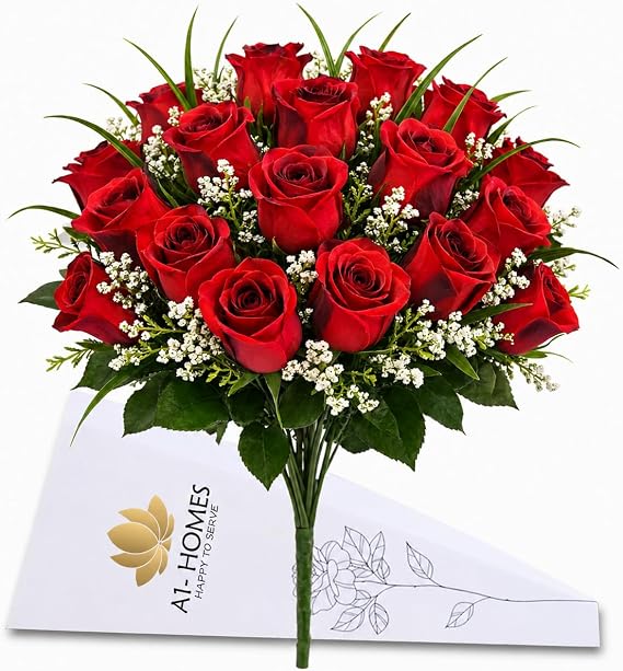 Artificial Roses, 42cm Fake Flowers for Decoration, Grass Bush with Gyp & Foliage 24 Red Roses Heads, Red Artificial Flowers for Outdoor & Indoor Events Wedding Party Home Decoration by A1-Homes