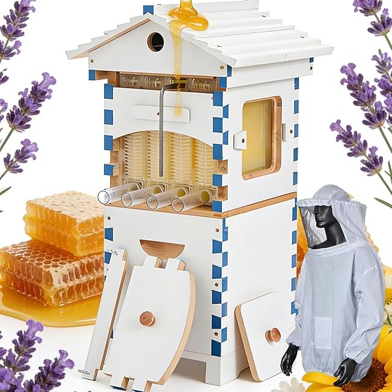 Self-Flow Hive Beehive Starter Kit,Frame Complete Bee Box with Observation Window & Honey Spout,Carpenter Bee House,with Bee Suit for Garden Pollinators