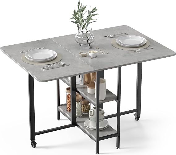 Mondeer 120 cm Folding Dining Table Kitchen Table for Small Spaces 4-6 People Foldable table sufficient storage space 360° wheels easy to move and lock kitchen dining room living room grey