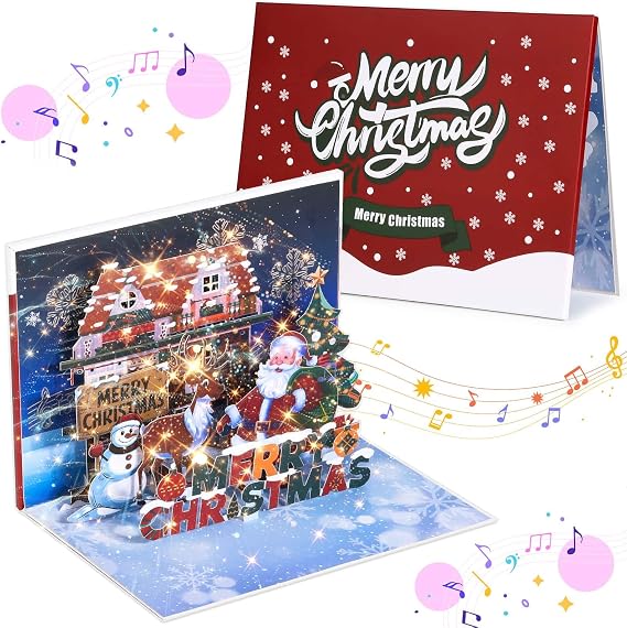 Caffox Christmas Card with Lights and Music, Pop Up Christmas Tree Musical Greeting Card with Envelope | Funny Holiday Cards, Gift for Family, Friends
