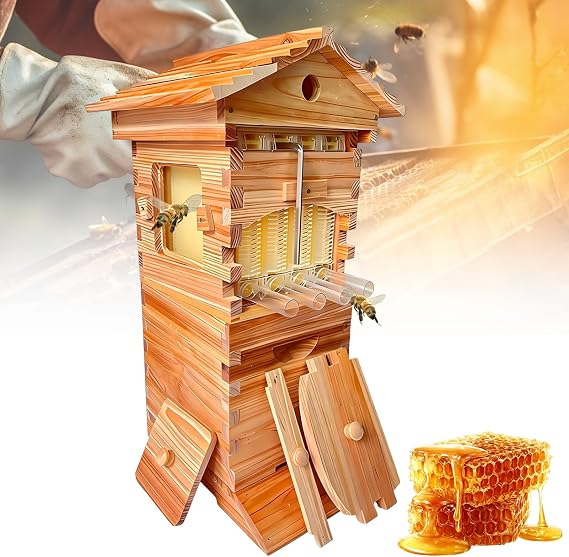 Flow Beehive Starter Kit, Automatic Honey Flow Hive with Frames & Honey Tap, Wooden Beehive Kit for Backyard Beekeeping, Beginner Friendly Bee Hive Box