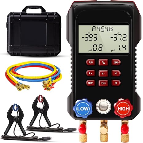 Digital Manifold Gauge, Digital AC Gauge Set SIMBOW AMF-300 HVAC Gauges with Strong Performance 3000 Psi Air Hose, Two Color Strong Biting Force Temperature Clamp for HVAC System