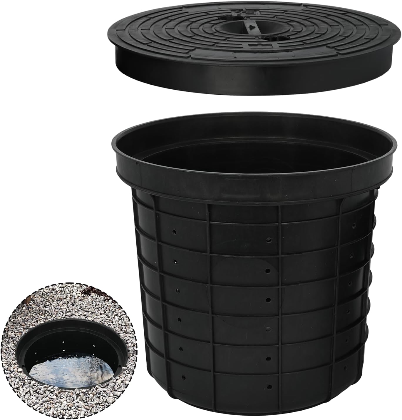 15 Gallon Sump Pump Basin with Lid Perforated Sump Basin Pump Bucket 16.9" x 18.5" x 15.8" Black Catch Pump Basin with Drilled Holes for Driveways, Patio Decks, Underground Spaces