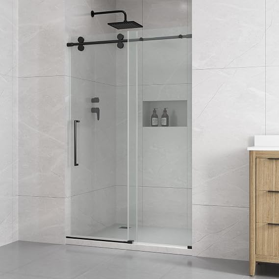 OVE Decors Reva 48" W x 74" H Frameless Sliding Shower Door, 8mm Tempered Clear Glass, Reversible Alcove Design, Black Hardware