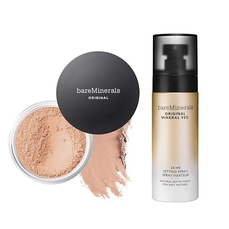 bareMinerals Original Loose Powder Foundation SPF 15, Clean Mineral Powder Face Makeup, Sheer-to-Full Coverage, Talc-Free, Non-Comedogenic, Vegan + Mineral Veil Natural Matte Setting Spray Bundle