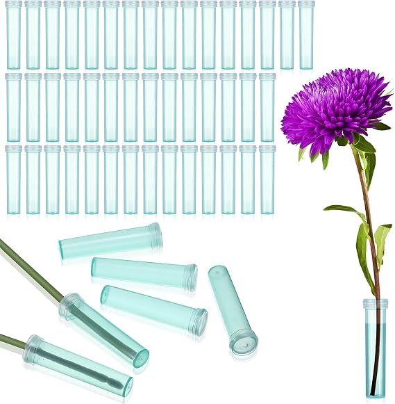 Patelai 50 Pieces 2.8 Inches Floral Water Tubes Clear Plastic Flower Water Tubes Water Tubes for Flowers Rose Flower Water Vials with Rubber lids Floral Picks for Fresh Flower Arrangement Decoration