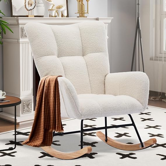 Nursery Rocking Chair Teddy Upholstered Glider Rocker,Rocking Accent Chair Padded Seat with High Backrest,Solid Wood Legs for Nursery Bedroom Living Room(Beige