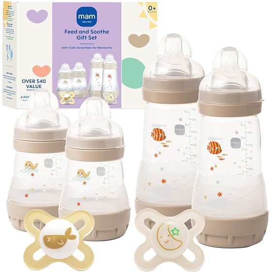 MAM Easy Start Anti-Colic+ Baby Bottle & Pacifier Starter Set 0+Months 6 Pk | 4 Self Sterilizing Bottles (2 X 5oz, 2X 9oz) + 2 Newborn Pacifiers Breastfed Baby Feeding Gift Set, Made In Europe