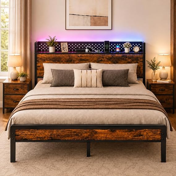 KUTAS 4ft6 Double Bed Frame, 135 x 190, with LED Lights & Charging Station, Heavy Duty Metal Bed with Storage Headboard, Noise Free, Easy Assembly, Under-Bed Storage, No Box Spring Needed, Brown