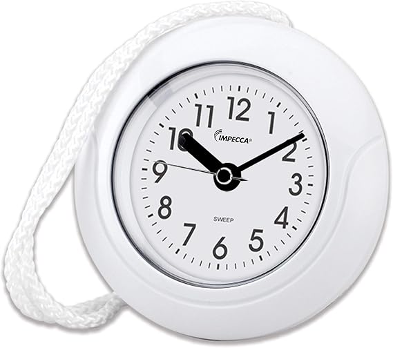Impecca Waterproof Clock 5.5 Non-Ticking Quartz Movement Indoor & Outdoor Clock for Shower, Wall, Desk, Pool, Patio, Kitchen, Bathroom, Washroom (Hanging Rope Included) White