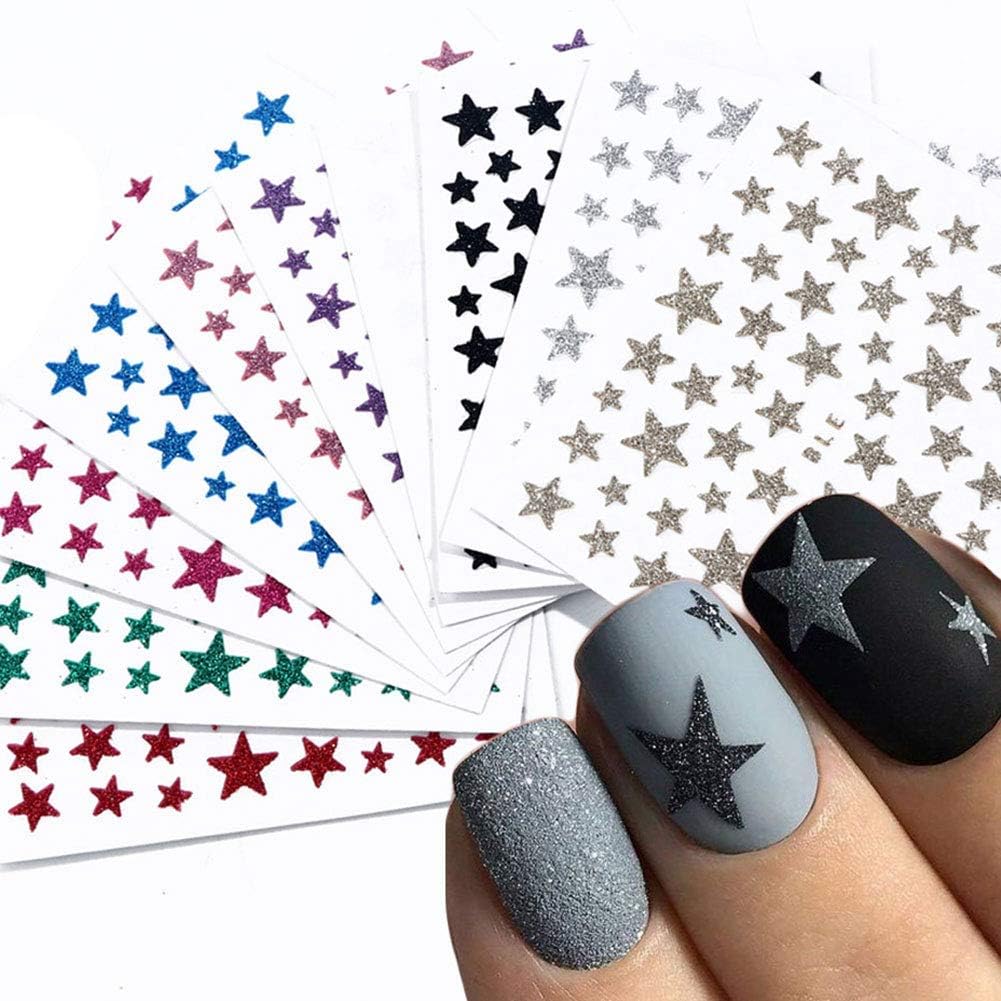 Star Nail Art Sticker Decals 10 Sheets 3D Self-Adhesive Nail Decor with Shiny Glitter Stars for DIY Manicure Decoration