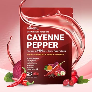 VivoNu Cayenne Pepper Softgels Supplement, Supports Leg Vein, Heart and Blood Vessel Health, with Vitamin E D3+K2 and Extracts of Grape Seed, Hawthorn, Beetroot, Berberine Softgel / 1 Bag