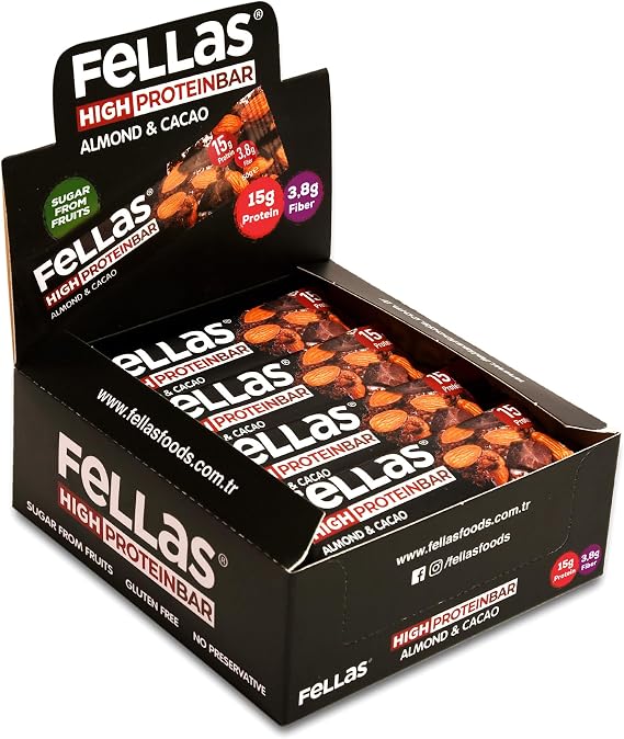 Fellas Yüksek Protein Bar, Bademli ve Kakaolu, 45gr x 12 Adet