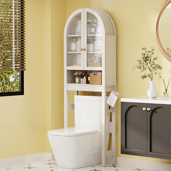 Over The Toilet Storage Cabinet, Modern Storage Cabinet Over Toilet with Acrylic Doors, Arched Freestanding Over Toilet Rack with Adjustable Shelf for Bathroom, Antique White
