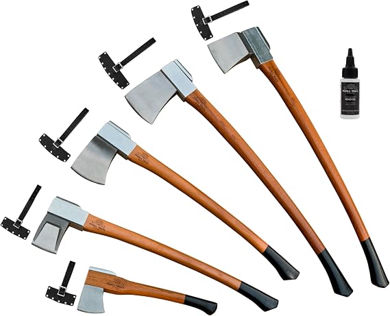 1844 Helko Werk Germany Axe Collection Complete Set All 5 Vario Axes | 1-Heavy Log Splitter 1-Heavy Universal 1-Mid-Size Universal 1-Medium Splitting Axe 1-Universal Hatchet w/ Sheaths and Oil
