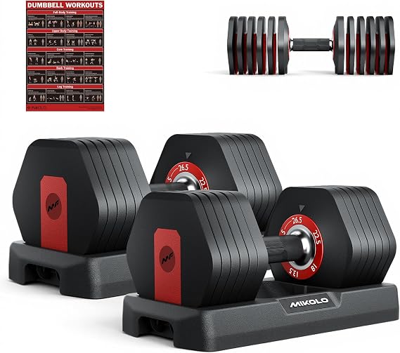 Mikolo Hex Cageless Adjustable Dumbbell Set of 2, 26.5lbs Pair Weights Dumbbell Set with Storage Box, 6-in-1 Adjustable Weights with Anti-slip Grip, Weight Set For Home Gym Suit both Men and Women