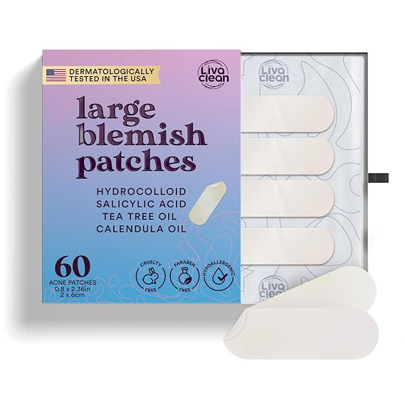 60CT Large Pimple Patches - Hydrocolloid Acne Patches with Salicylic Acid, Tea Tree & Calendula Oil - Full Face Pimple Patch - Blemish Patch for Chin, Nose, Forehead, Body - Hydrocolloid Bandages XL