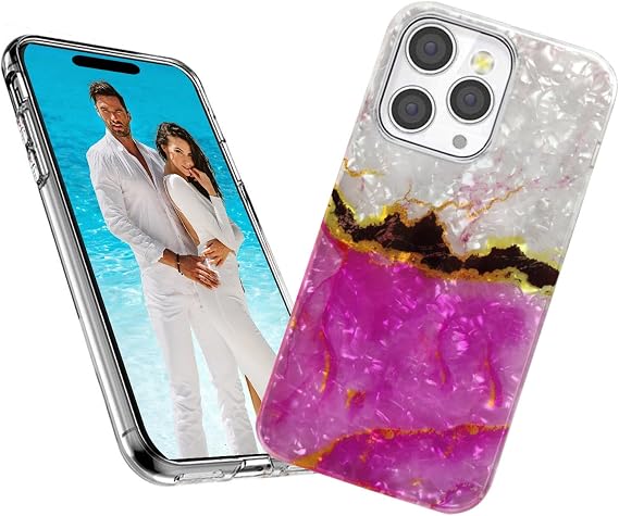 Cute Case for iPhone 15 Pro Case for Girl Women Men,ARSTVEC Glitter Pearly Luster Shell Sparkle Bling Soft TPU Flexible Slim Thin Girly Phone Cover for iPhone 15 Pro 6.1,Elegant Pink Gold Marble