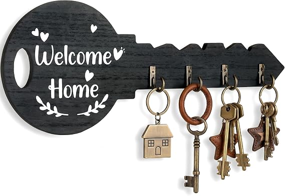 Wooden Key Holder Wall Mount with 4 Hooks, Black Decorative Key Rack Wall Mount for Entryway, Front Door, Hallway, Kitchen, Office, Home Decor (11.61 x 4.72 inch)