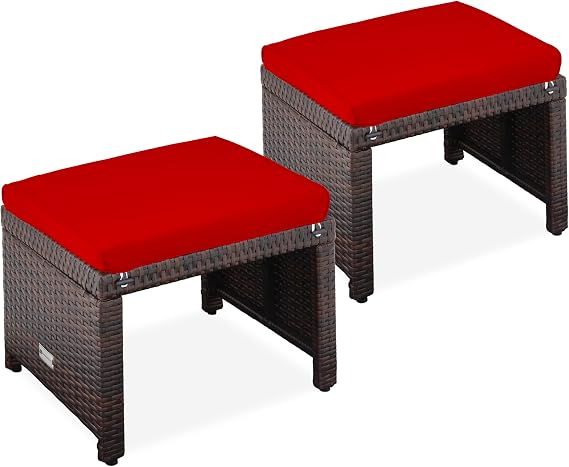Best Choice Products Best Choice Products Wicker Ottomans Multipurpose Outdoor Furniture Patios, Backyards, Additional Seats, Footrests, Removable Cushioned Side Tables, Steel Frames - Brown/Red