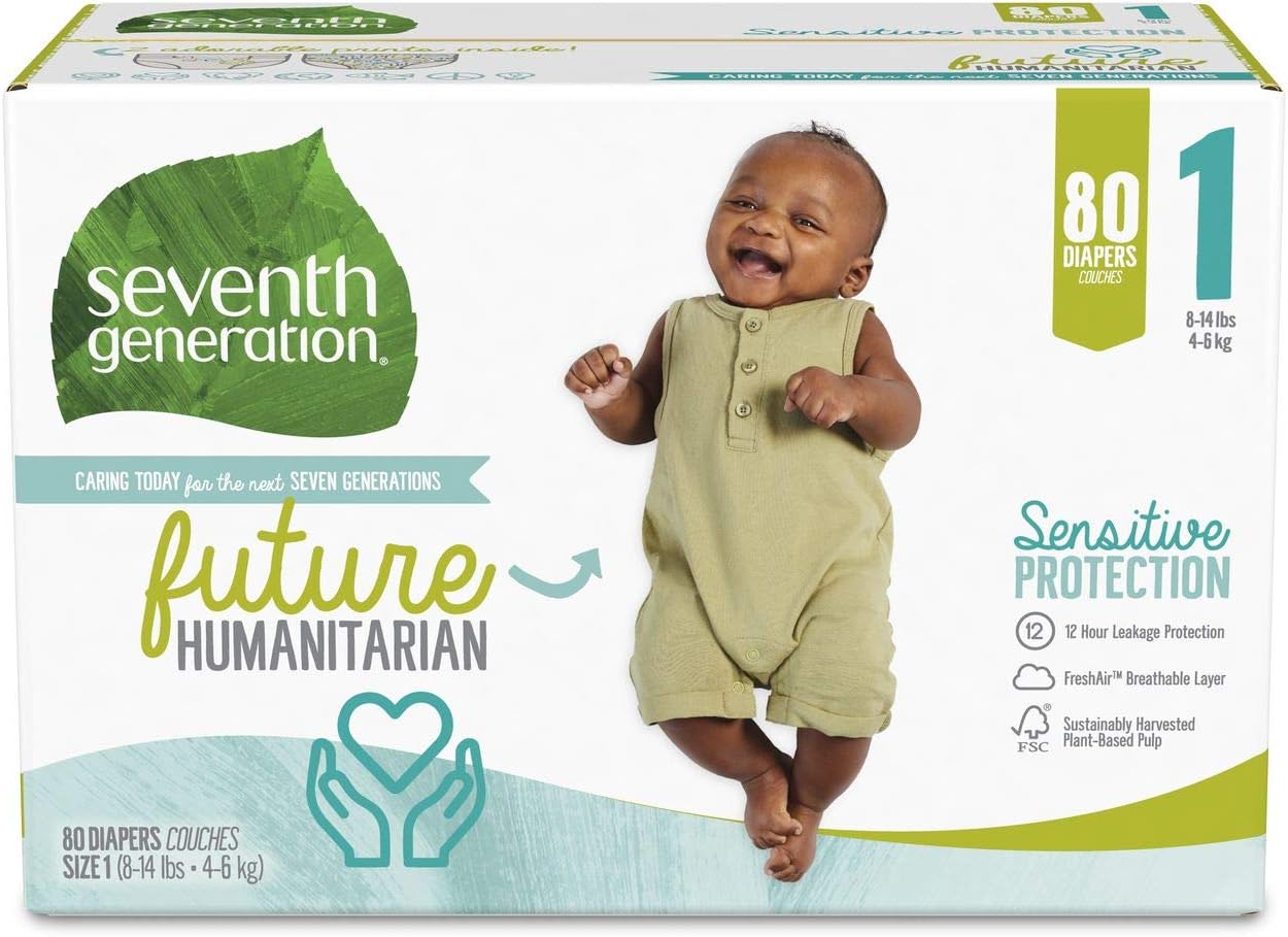 Seventh Generation Baby Diapers for Sensitive Skin, Printed, Size 1, 80Count
