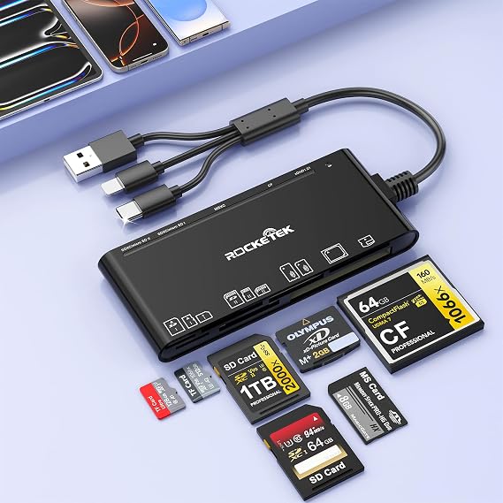 7 in 3 USB C + USB 3.0 + Lightning Multi Card Reader Adapter for SD, CF, Micro SD, XD, MS Cards, 5Gbps Memory Card Reader SD Card Reader Reader Adapter for iPhone 16 15 14/Samsung/PC/Windows/Mac/Linux