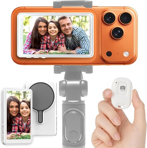 Magnetic Selfie Monitor Screen for iPhone Back Camera, Bluetooth Remote | 4.02 inch HD display mirrors your phone in real time, snap-on magnetic mount, USB-C rechargeable, for vlogging, filming