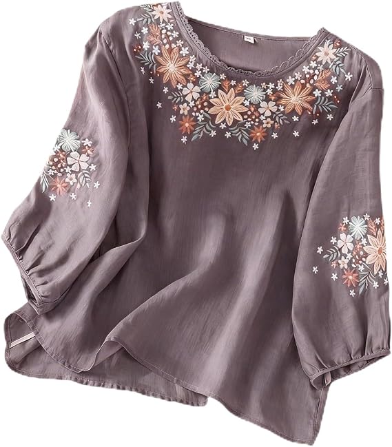 Womens Dressy Tops and Blouses Floral Embroidered Shirts 3 4 Puff Sleeve Loose Fit Business Casual Tunic for Ladies