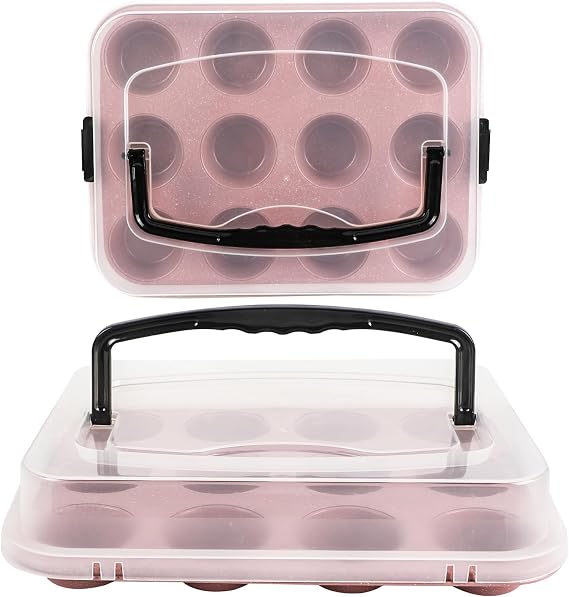 2-Pack Pink Cupcake Pan with Lid, 12-Cup Nonstick Cupcake Baking Pan with Handle for Easy Baking and Travel Perfect Cupcake Pan for Parties, Birthdays, and Gifting
