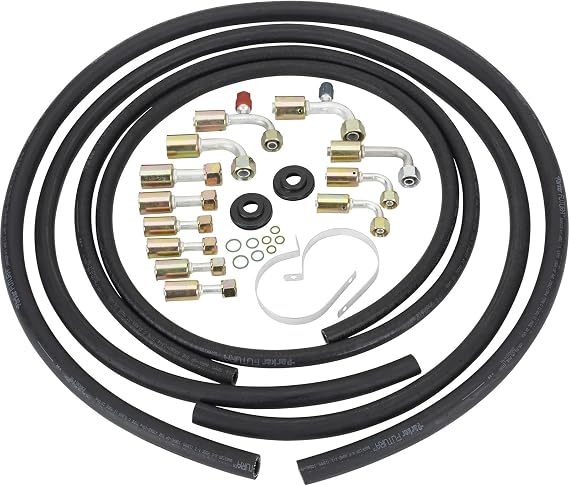 A/C Hose Crimp Fitting Kit, Includes 6ft AN6, 5ft AN8 & 4ft AN10 Hoses | Includes Straight & 90 Degree Fittings, Service Ports, O-Rings, Grommets & Clamps, Hoses Ready for Crimping