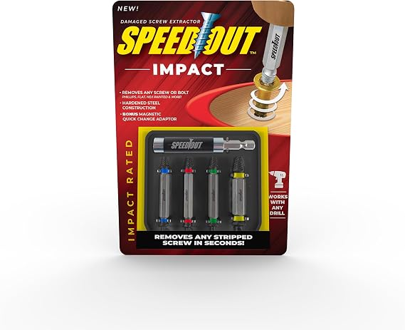 SpeedOut Impact 5-Piece Damaged Screw Extractor Set Impact Rated Bits with Quick Connect Adapter & EZ View Case Helps Remove Stripped Screws Color Coded Extractors Works with Standard Drill