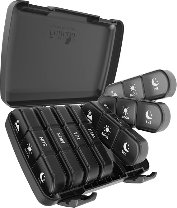 Fullicon Large Weekly, Travel Pill Organizer 3 Times a Day, Black | Each Compartment Holds 12 Fish Oils or 13 Vitamins, 21 Compartments, Secure Embedded Buckle, Travel Friendly, BPA Free
