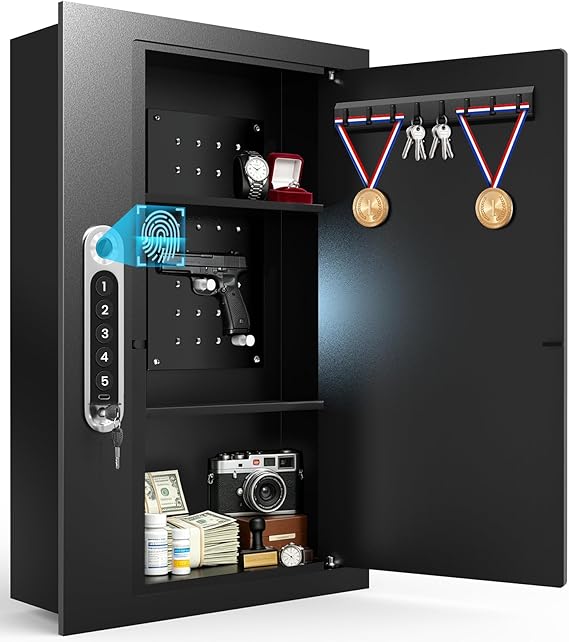 19.7" Tall Biometric Wall Safe Between 16" Studs, Fingerprint & Keypad Safe with Removable Pegboard & Shelves and Auto-Open Door, Wall Mounted Hidden In Wall Safes for Home