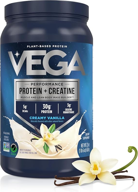 Vega Protein + Creatine 30g Plant Based Protein Powder + 3g Creatine So You Bounce Back Faster Low Carb Plant Protein Powder, Post Workout Vegan Shake Vanilla, 13 Servings, 1.38 lb (Pack of 1)