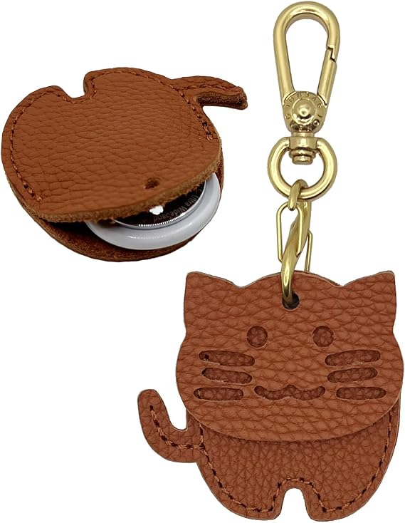 Cat Shaped Genuine Leather Keychain Holder Case Compatible with AirTag,Secure Cute Protective for Air Tag Cover