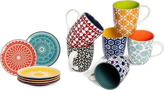 Annovero Coffee Mugs & Dessert Plates | Kitchen Dishes | Microwave Oven Safe | Colorful Porcelain Dinnerware