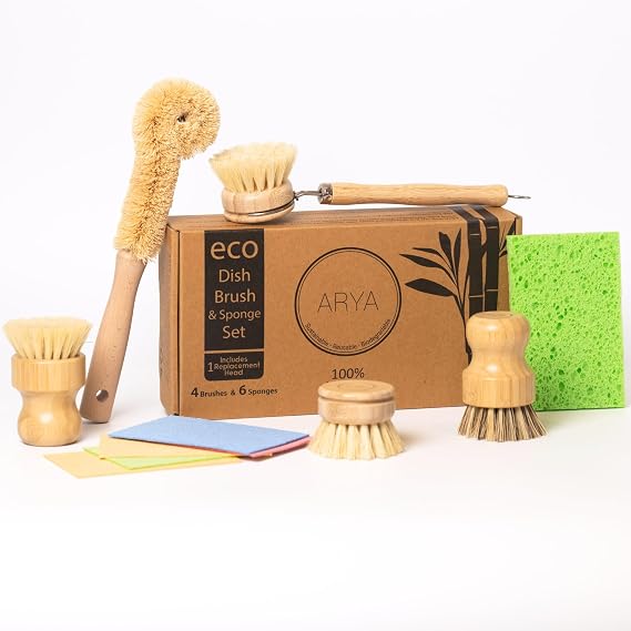 Dish Brush Set for Kitchen Wooden Dish Brush with Replaceable Head, Bottle Cleaning Brush, 2 Bamboo Pot Brushes & 6 Natural Cellulose Pop-Up Sponges | Plastic-Free Kitchen Cleaning Set