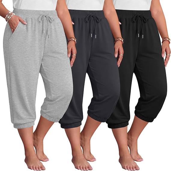3 Pack Women Plus Size Capri Joggers | Capri Joggers, Soft, Loose Fit, Workout Capris, Lounge, Athletic, Yoga, Summer Pants, Comfortable