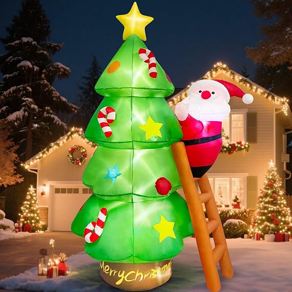Danxilu 7 FT Christmas Inflatable Tree Decorations with Santa Climbing | Xmas Blow Up Tree with Built-in LED Lights for Outside Indoor Garden Yard Holiday Party