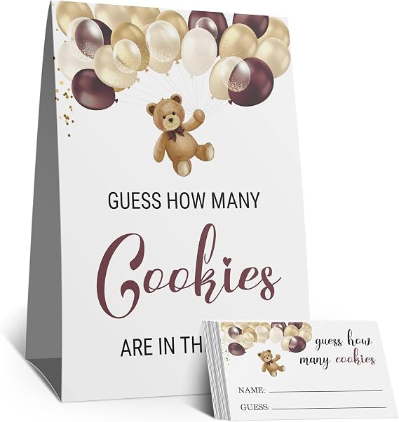 Guess How Many Cookies Are In The Jar, Brown Bear Balloon Shower Gamesr Decorations Set, Neutral Boy and Girl-(1 Sign and 50 Cards)