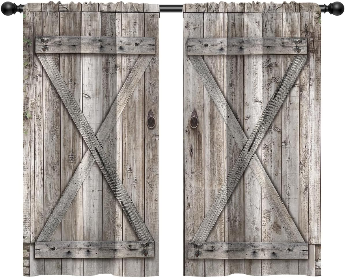 Farmhouse Western Kitchen Window Curtains Rod Pocket Small Short Cafe Wooden Barn Door Country Rustic Natural Farm House Drapes 2 Pannels for Living Bedroom Decoration Decor 27.5X39 inch