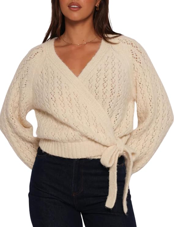 Esmeling Women Bow Tie Wrap Sweater V Neck Lantern Sleeves Knitwear Solid Pullover Cropped Cardigan
