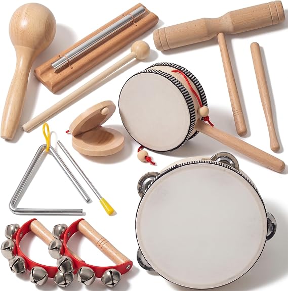 Wooden Musical Instruments Set for Toddlers 1-3, Montessori Baby Toys | Natural Wood Percussion Instruments Xylophone Maracas Tambourine Birthday Chrismas Gifts for Preschool Girls Boys