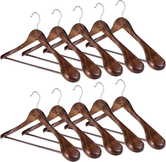 Wooden Suit Hangers 10 Pack Wide Shoulder Wooden Suit Coat Hangers with Non Slip Pants Bar Premium Wood Hanger with 360 Degree Swivel Hooks for Sweater, Pants, Heavy Clothes, Walnut