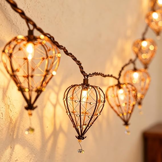 Outdoor Decorative String Lights, Beaded Copper Wire Teardrop Lantern String Lights, Incandescent Patio String Lights Plug in for Outside, Connectable Weatherproof for Home Pergola Bedroom Porch Party 