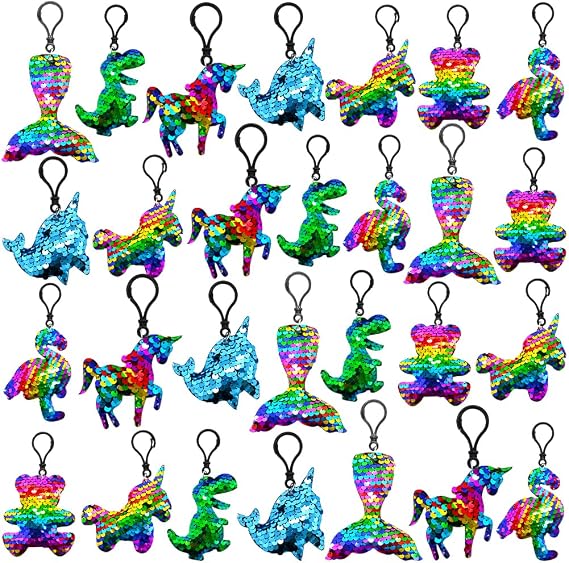 CAMIRUS 28 Pack Glitter Flip Sequin Keychains Unicorn Dinosaur Keychain with Greeting Cards for Valentines Party Favor, Easter Egg Filler Party Favors, Easter Classroom Prize Supplies