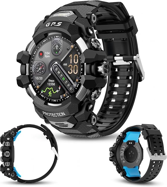 Smart Watch for Men with Built-in GPS, 1.43" AMOLED Fitness Tracker with Bluetooth Calling, Dual LED Flashlight, Compass Altimeter Barometer, IP68 Rugged Outdoor Watch, Black